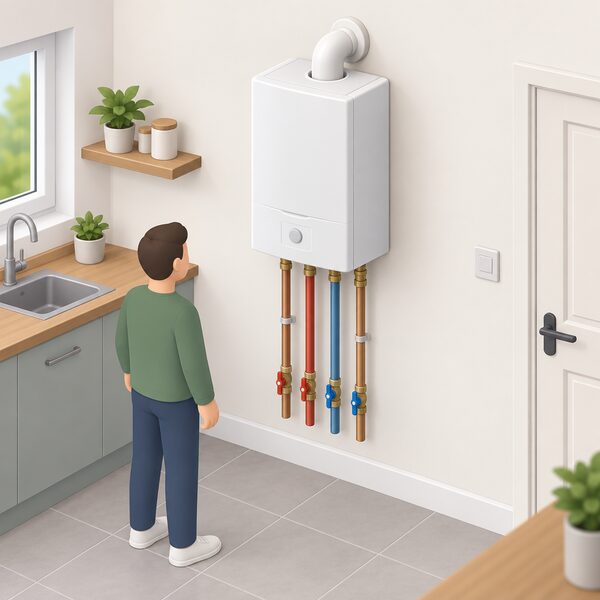 A wall mounted combi boiler on an indoor wall with its flow and return pipes and hot and cold water connections, no hot water cylinder beside it, with a small isometric figure nearby to show the domestic setting.