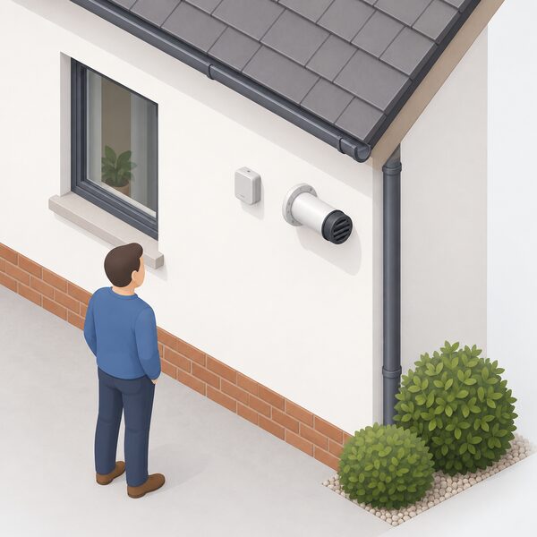 A small weather compensation sensor mounted on the outside wall of a house a short distance from the boiler flue terminal, with the wall face and a simplified isometric figure of the sensor and flue shown clearly.