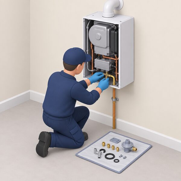 A registered gas engineer kneeling beside a wall-mounted gas boiler in a home, its front casing removed, fitting an LPG conversion kit with components laid out on a cloth nearby while working on the gas connection inside the boiler.