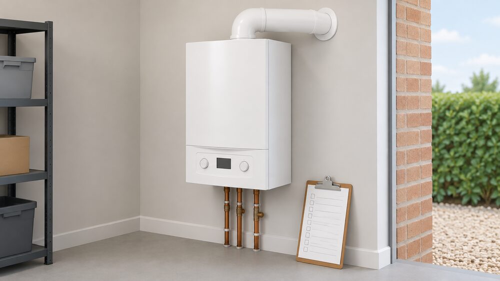 A white wall-mounted gas combi boiler seen close up in an indoor utility space, with its round flue terminal passing through the external wall behind it and a service record clipboard resting on the floor beside it.