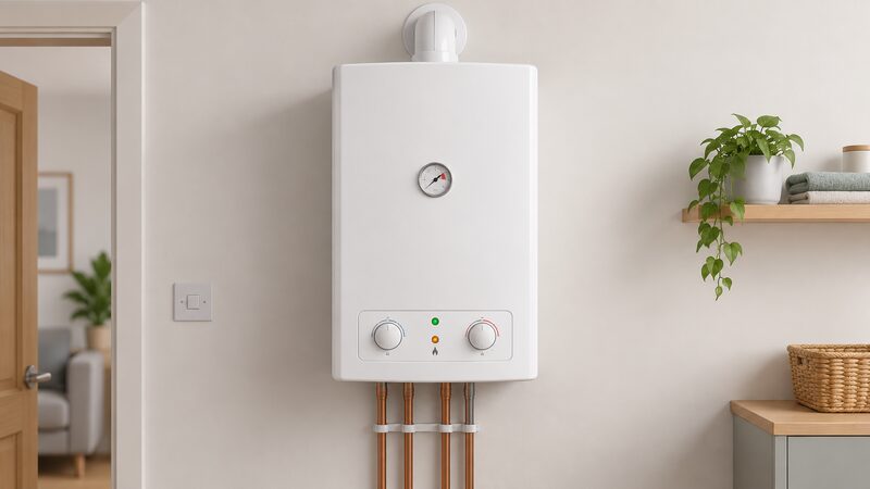 A white wall-mounted combi boiler with its front casing in place, mounted on a plain interior wall, with a control panel of simple knobs and indicator lights along its lower front edge and a small round pressure gauge visible on the front face, drawn as a clean product-style illustration.