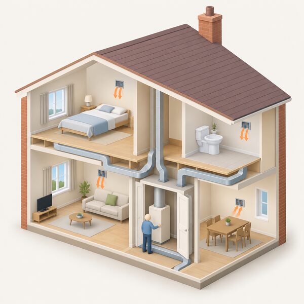A cutaway view of a house showing a gas warm air unit in a hall cupboard with ducts running through the walls and floor to room outlets, one small simplified figure standing beside the unit, conveying a decades-old system kept running within the building fabric.