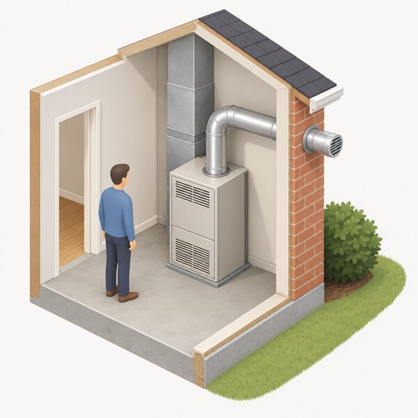 A cutaway interior view of a gas-fired warm air unit in a home, with its flue pipe rising from the unit and passing through the external wall to discharge combustion products safely into the open air outside.