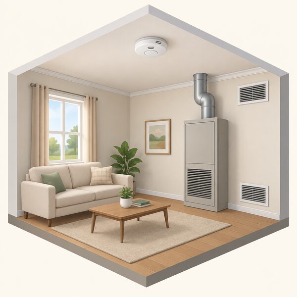 A small round carbon monoxide alarm mounted on the ceiling of a home room, with a gas warm air heater unit and its outlet grilles visible in the same room below.