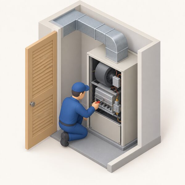 A small isometric engineer in plain work clothing kneels beside a gas warm air heating unit in a home airing cupboard or utility space, its front panel removed, using a hand tool on the burner and fan assembly while the connected supply ductwork runs away overhead.