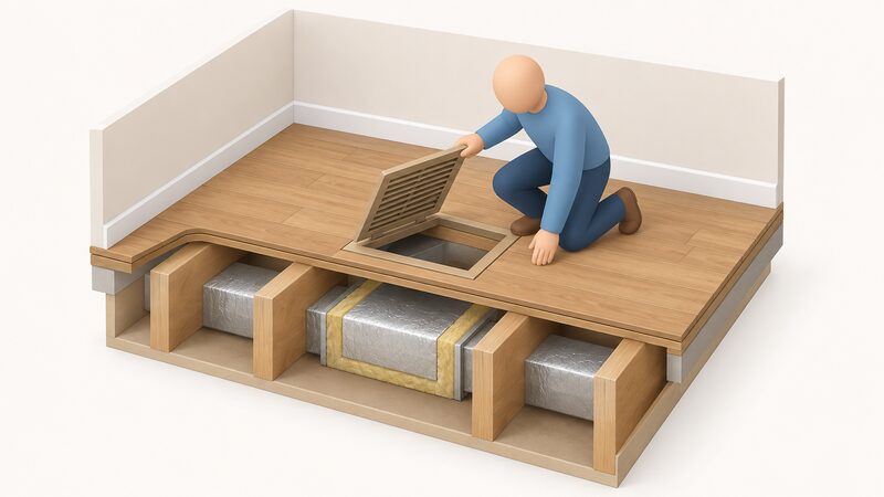 A cutaway view of a room floor with a square warm air outlet grille lifted out on its hinged edge, revealing the insulated rectangular duct below running through the floor void, with a simplified figure kneeling beside the opening holding the grille.