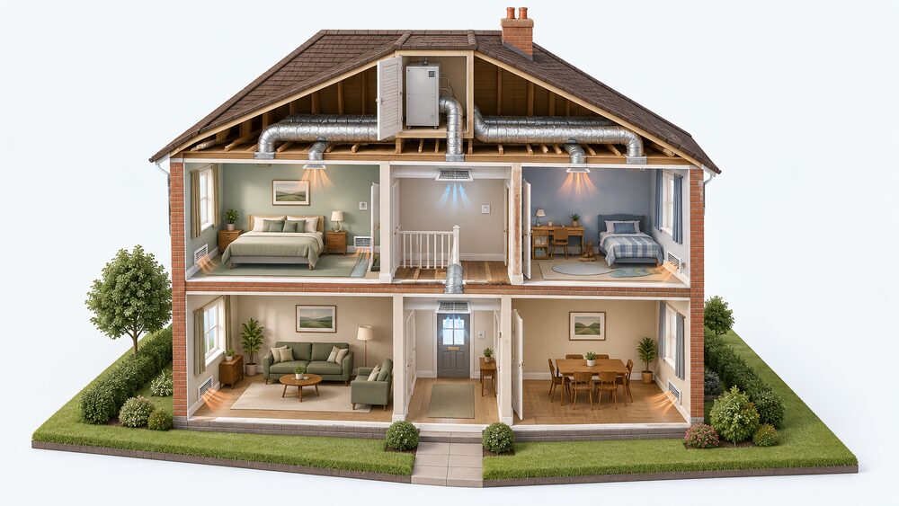 A cutaway mid-century UK house showing a gas warm air heating unit in an airing cupboard or loft compartment, with insulated ducts routed through the floor voids to floor or wall outlets in each room and a return air grille in the hallway ceiling.
