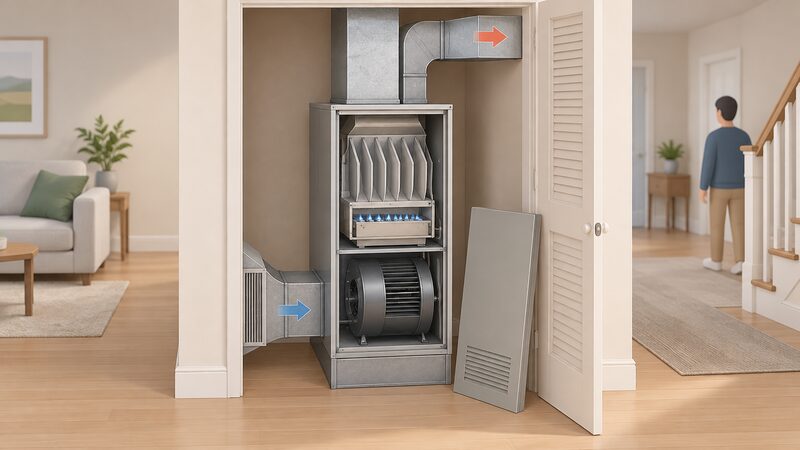 A floor-standing gas warm air unit in a home cupboard with its access panel open, revealing the gas burner and heat exchanger above a fan assembly, with a return-air duct and a supply duct connected and no pipework for water.