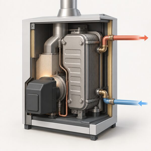 A cutaway view of an oil boiler casing revealing a thick stainless steel plate heat exchanger inside, drawn as a clean technical illustration with the boiler's burner, flue connection and water flow pipes shown around it to place the component in context.