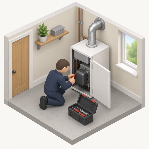 An OFTEC registered engineer, shown as a small simplified isometric figure in plain work clothing, kneels beside a domestic oil boiler with its front panel open, using tools to service the burner and flue connection during an annual service that keeps the warranty valid.