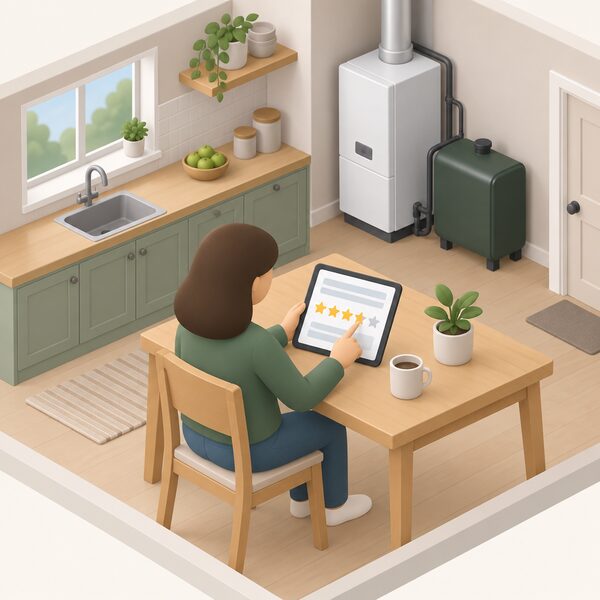 A simplified householder seated at a kitchen table holding a tablet, tapping a star-rating row on the screen shown as plain blank blocks, with an oil boiler visible in the background of the home setting.