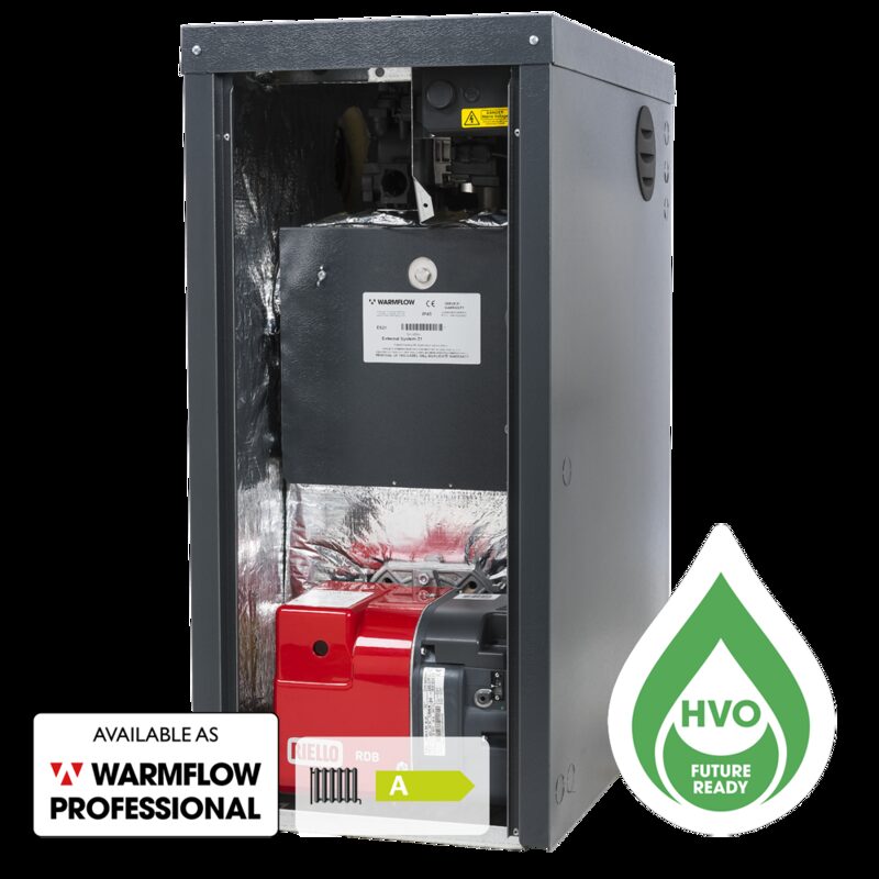 A Warmflow external oil boiler cabinet shown open with internal components, Erp A rating label and HVO Future Ready badge