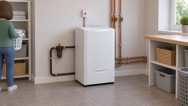 A white internal oil boiler with its casing fitted, standing against the wall of a home utility room, with its oil supply pipe and heating flow and return pipework connected in ordinary UK internal-installation style.