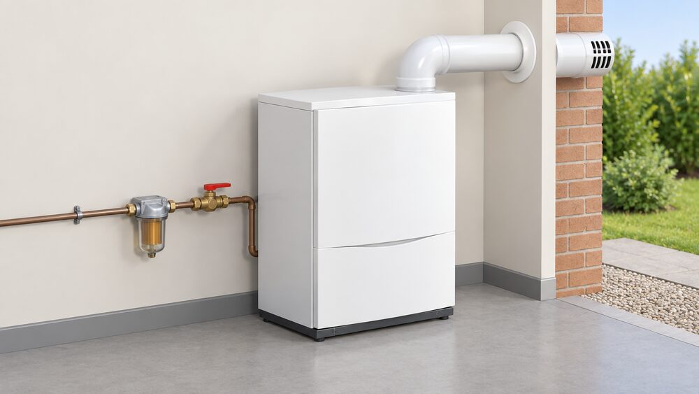 A white-cased Agentis internal oil boiler standing against an indoor wall, its balanced flue passing through the external wall to the open air, with an oil filter and fire valve on the oil supply line beside it.