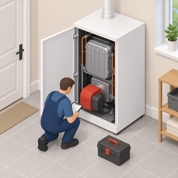 A white cased internal oil boiler standing indoors, shown with its front panel open to reveal the heat exchanger and Riello low NOx burner assembly inside, with a small isometric figure of an installer inspecting the components.