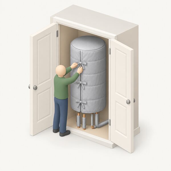 A hot water cylinder in an airing cupboard fitted with a thick quilted insulation jacket, with a small isometric figure adjusting the jacket ties to show it as a fully funded insulation measure.