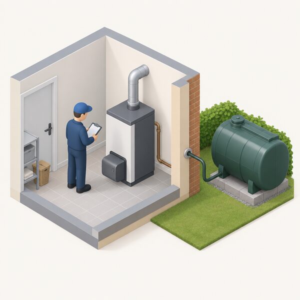 A floor standing Vortex-style oil boiler installed in a home utility space, connected by an oil supply line through the wall to an outdoor oil tank, with a small isometric figure inspecting the boiler.