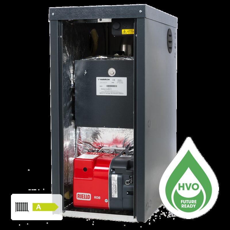 A Warmflow external oil boiler with its door open showing the red Riello RDB burner, with an A-rated energy label and an HVO Future Ready badge