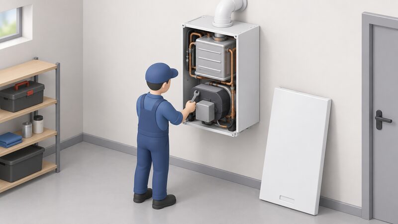 A simplified isometric engineer in plain workwear servicing a wall-mounted oil boiler with the casing panel removed and set aside, exposing the internal heat exchanger and low NOx burner, standing at the unit with a spanner in hand in a utility room.