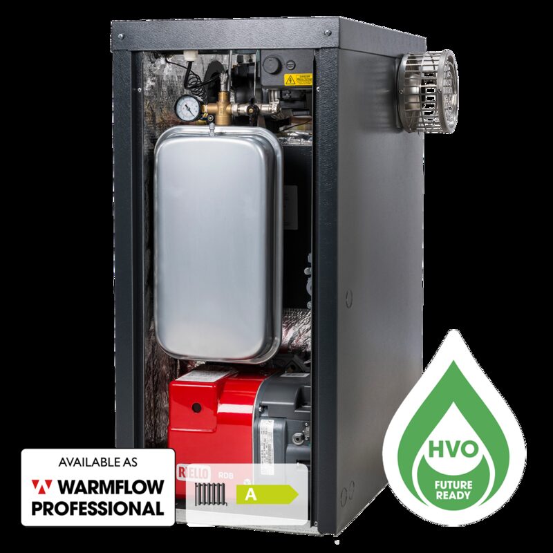 A Warmflow Professional external oil boiler cabinet shown open with internal components, expansion vessel and Riello burner, with HVO Future Ready and ErP A rating badges