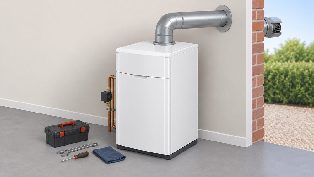 A white-cased domestic oil boiler standing indoors, shown close up with its flue pipe passing through the external wall to the open air, an engineer's spanner and service tools resting on the floor beside it, and nothing else in the scene.