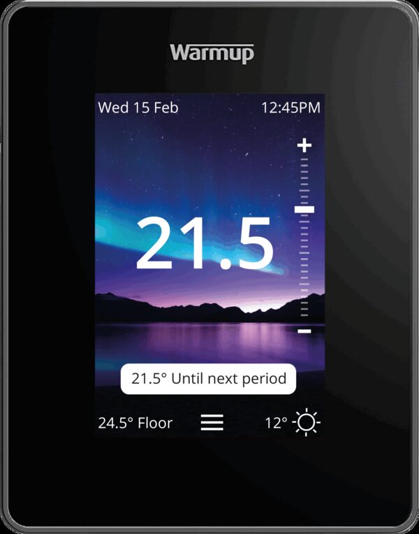 A Warmup 7iE smart WiFi thermostat for underfloor heating displaying a set temperature of 21.5 degrees on its colour screen