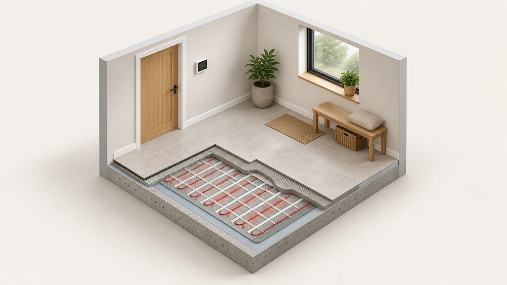 A cutaway room view showing electric underfloor heating mats and cables laid within the floor construction beneath a tiled floor finish, with a Warmup smart thermostat mounted on the wall of the same room.