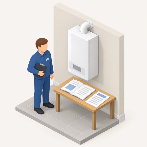 A wall-hung gas boiler with its warranty documentation shown as a printed booklet and loose papers lying open on a nearby table, blank lines and plain blocks standing in for the warranty term details, beside a small isometric figure of the commissioning engineer.