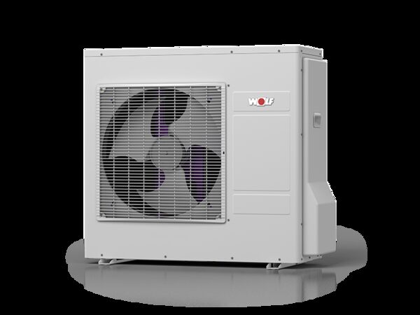 A WOLF outdoor air source heat pump unit with a large fan grille on a white background