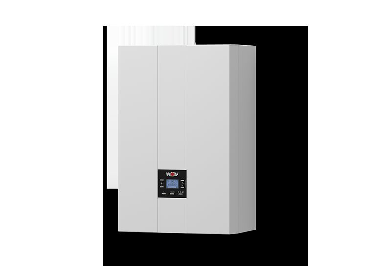 A white Wolf FGB wall-mounted gas condensing boiler with a black control panel and display