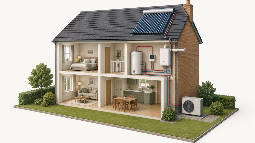 A cutaway UK house with a gas condensing boiler on an inside wall with its flue through the external wall, a hot water cylinder beside it, an air source heat pump fan unit standing outside, and solar thermal tube collectors on the roof, all linked to one central control unit.