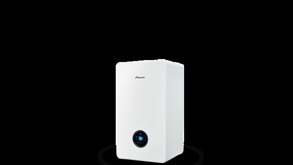 A white Worcester wall-mounted combi gas boiler with a round digital display, shown on a plain white background
