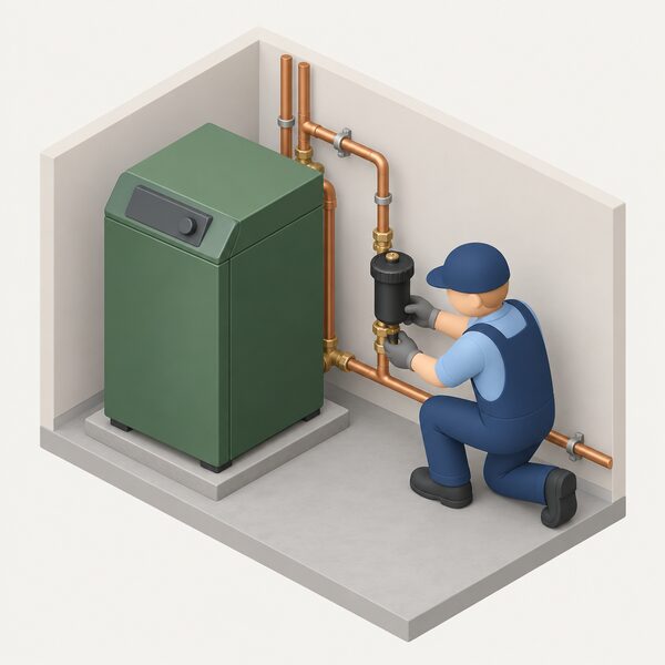 A small isometric installer figure fitting a Greenstar System Filter onto the heating pipework immediately beside a floor-standing oil boiler, with the filter connected in line on the return pipe between the boiler and the rest of the heating circuit.