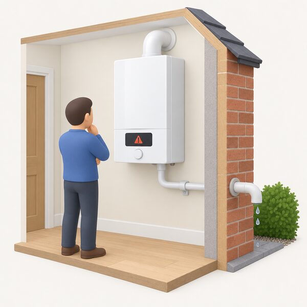 A wall-mounted boiler indoors with its digital display showing a plain error symbol, and its white plastic condensate pipe running through the external wall to discharge outside, shown in a simple cutaway of the room and outer wall.