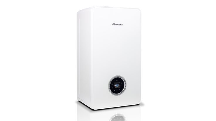 A white Worcester wall-mounted combi boiler with a round digital display, shown on a plain white background