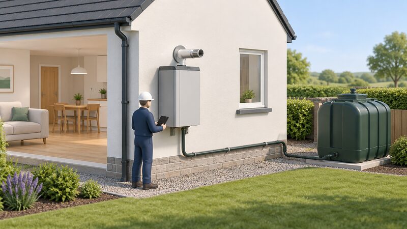 A weatherproof external oil combi boiler mounted on an outside house wall, with an installer figure beside it checking the unit, its flue terminal and the oil supply pipe running from a nearby tank, leaving the house interior free of the appliance.