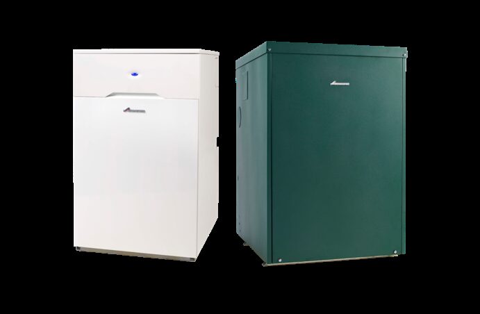 Two Worcester Bosch Greenstar Heatslave II oil boilers, one white internal unit and one green external unit, side by side on a white background