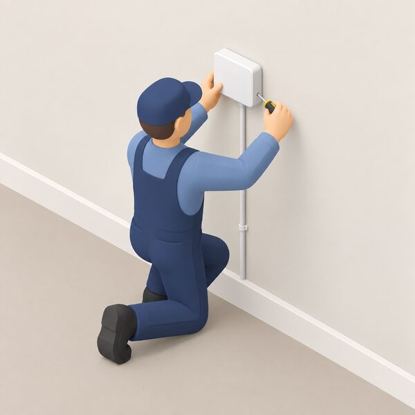 A small isometric figure of an installer fitting a plain rectangular Greenstar Comfort II heating control to an interior wall of a home, with a short cable run from the control down the wall, the wall surface and skirting shown simply with no other equipment visible.