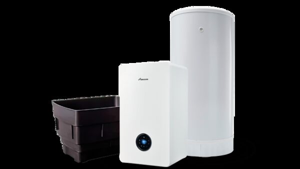 A white Worcester boiler with a hot water cylinder and a black plastic tank on a white background