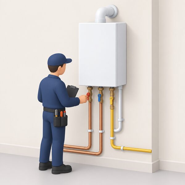 A plain unbranded wall-hung gas combi boiler mounted neatly on an indoor wall, with a small simplified engineer figure standing beside it checking the pipework and connections to show that installation quality matters more than the badge on the case.