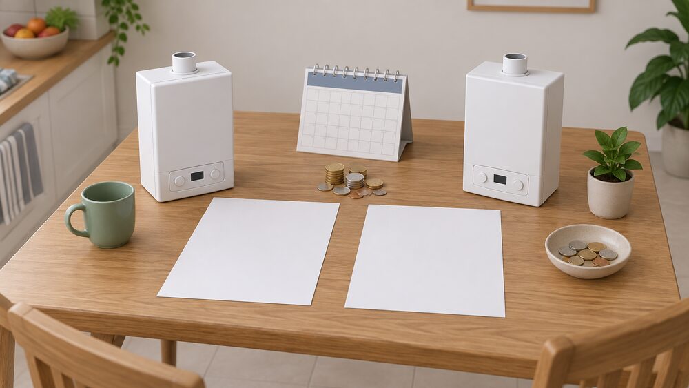 A kitchen table with two blank quote sheets side by side, a small white wall-hung combi boiler model beside each sheet, a calendar and a few coins between them, suggesting a household comparing two boiler installation quotes.