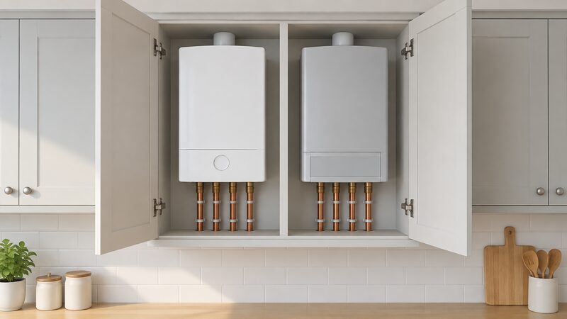 Two white wall-mounted combi boilers, one in each half of an open domestic kitchen cupboard, shown side by side with plain unbranded fronts and visible copper pipework rising from below into each unit.