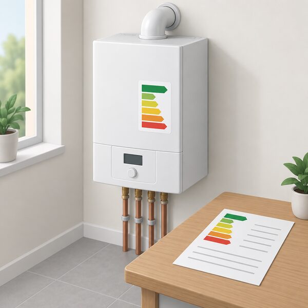 A wall-hung gas boiler with an ErP energy efficiency label stuck to its casing, the label shown as a plain colour-banded arrow scale with the top band marked, and the product fiche lying on a nearby table as a printed sheet with blank lines.