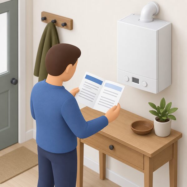 A folded guarantee certificate lying on a hall table beside a wall-mounted combi boiler, with a simplified householder figure holding it open so its blank lined panels and plain colour bands are visible.