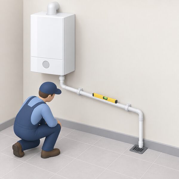 A wall-mounted condensing combi boiler indoors with a plastic condensate pipe leaving its base and running downhill with a visible fall to a suitable drain, an installer figure checking the pipe slope.