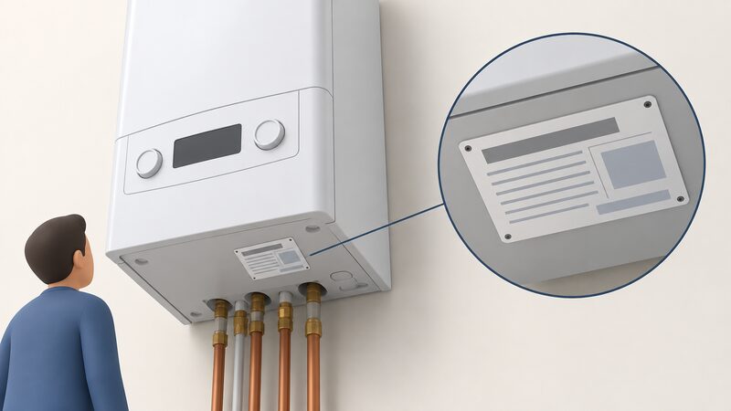 A wall-mounted combi boiler seen from below with its white specification data plate fixed to the underside casing, the plate's model and output details shown only as blank ruled lines and plain blocks, with no readable text or figures.