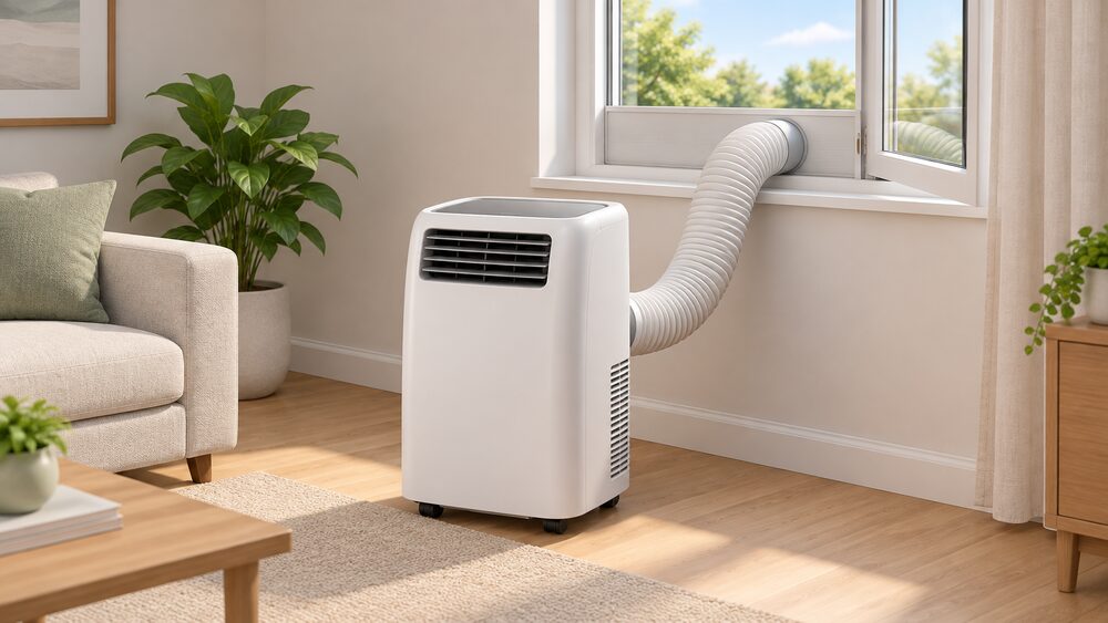 A single portable air conditioner standing on the floor of a living room, its flexible exhaust duct running up to a window vent kit in the open window beside it.