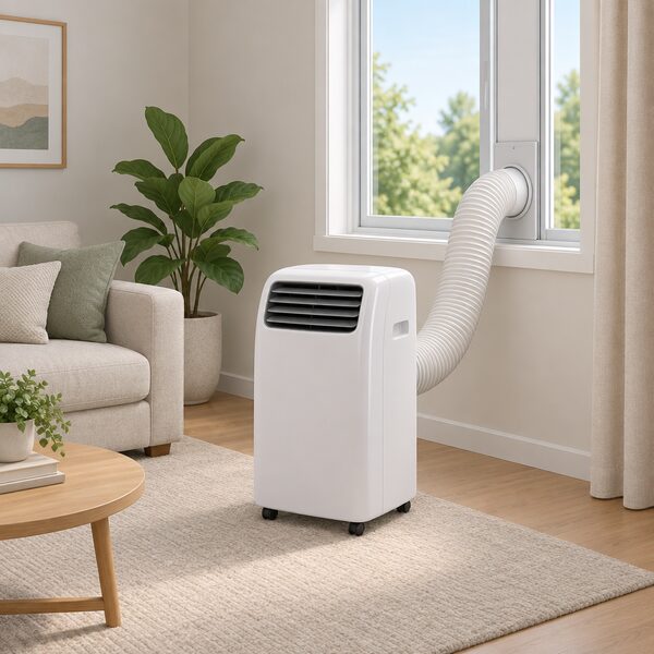A single portable air conditioner on castors stands in an enclosed living room, its flexible exhaust hose running from the back of the unit up to a sliding window kit panel fitted in the open window frame, with the hose unobstructed and the room otherwise simply furnished.