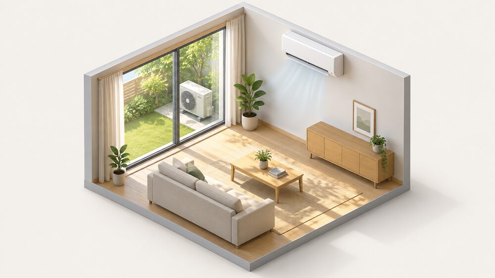 A wall-mounted split-system air conditioner indoor unit high on the wall of a sunlit room with a large window, with its matching outdoor unit visible through the glass standing on the ground outside.