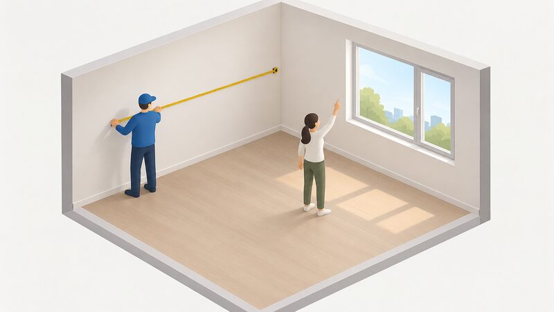 A technician during a site survey stands in an empty room holding a tape measure stretched along the wall while a second figure points up toward the ceiling and a window, assessing ceiling height, glazing and orientation before sizing the unit.